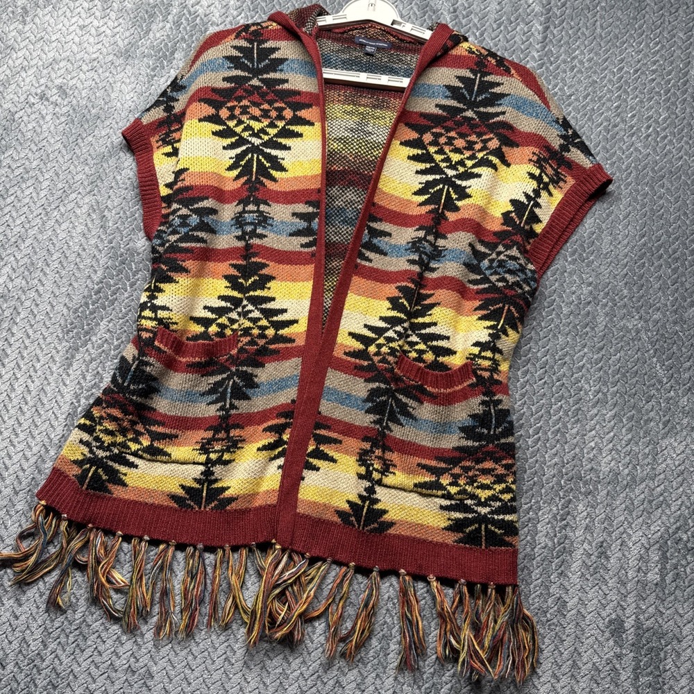 American Eagle Vest Women's XXS Hooded Southwestern Fringe Knit‎ Open Front Boho
